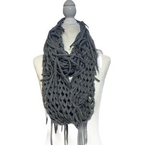 Grey open weave crochet infinity scarf w fringe by 2 Chic EUC